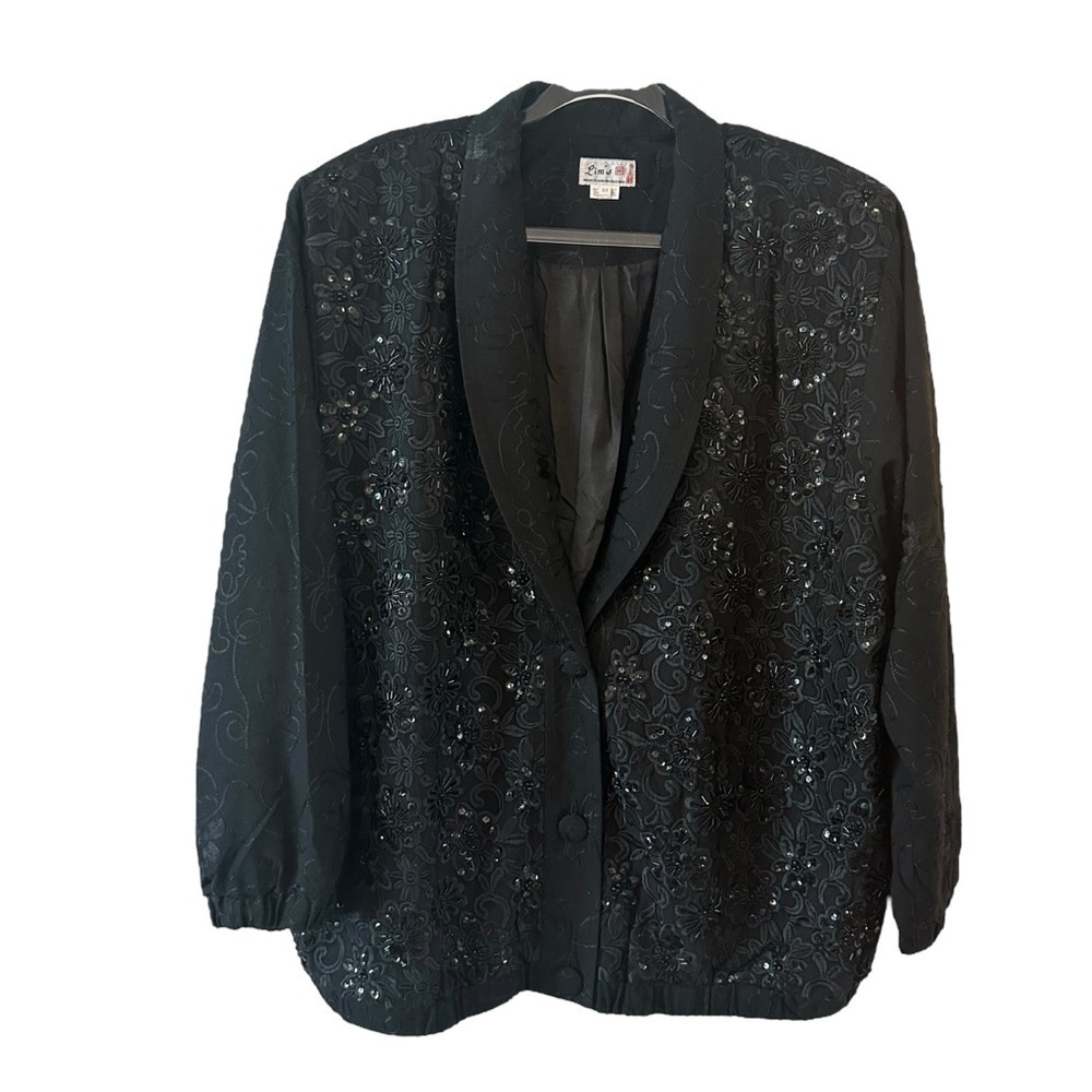 NWT Lim's vintage black 100% silk bomber style blazer beaded & embroidered